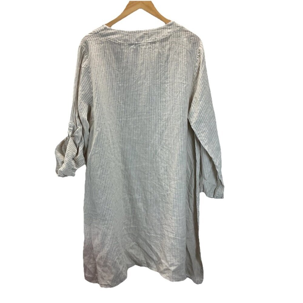 Le Paris Petit Linen pocket oversized tunic dress ivory striped‎ 3/4 sleeve MED - Picture 2 of 13
